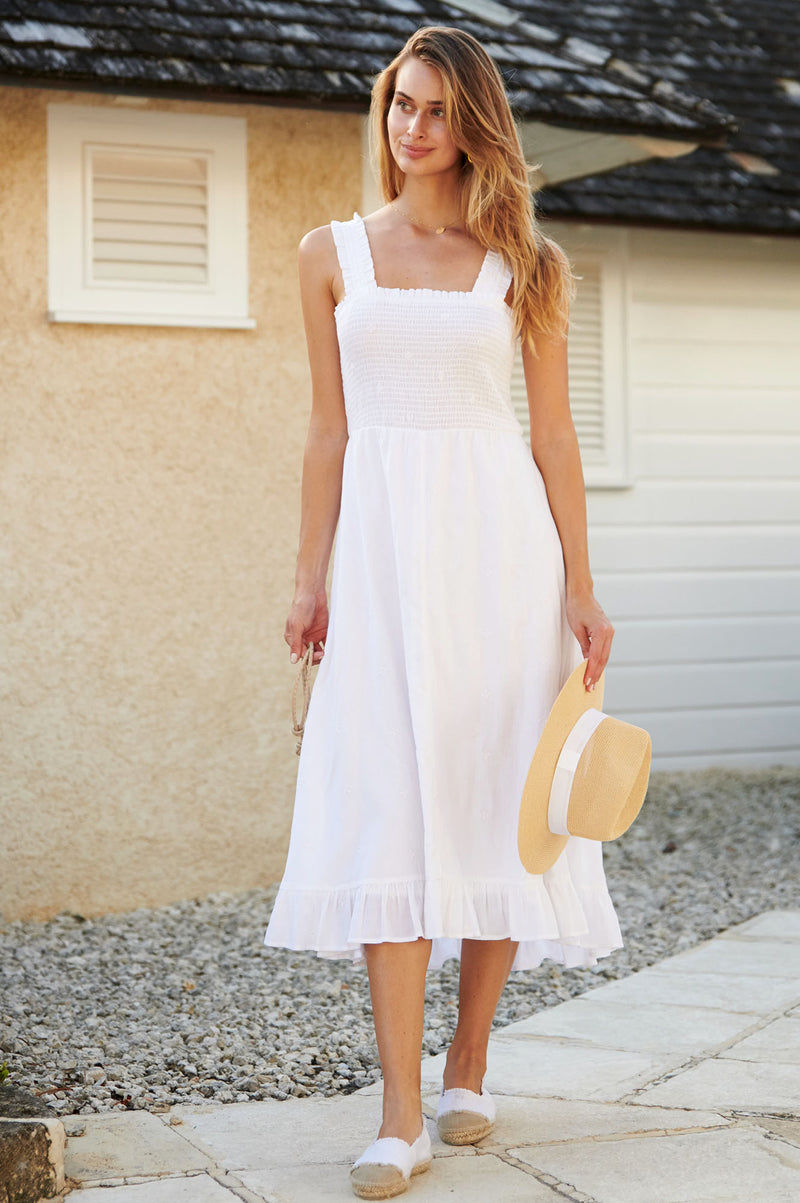 Rhianna Embroidered Organic Cotton Midi Dress | White