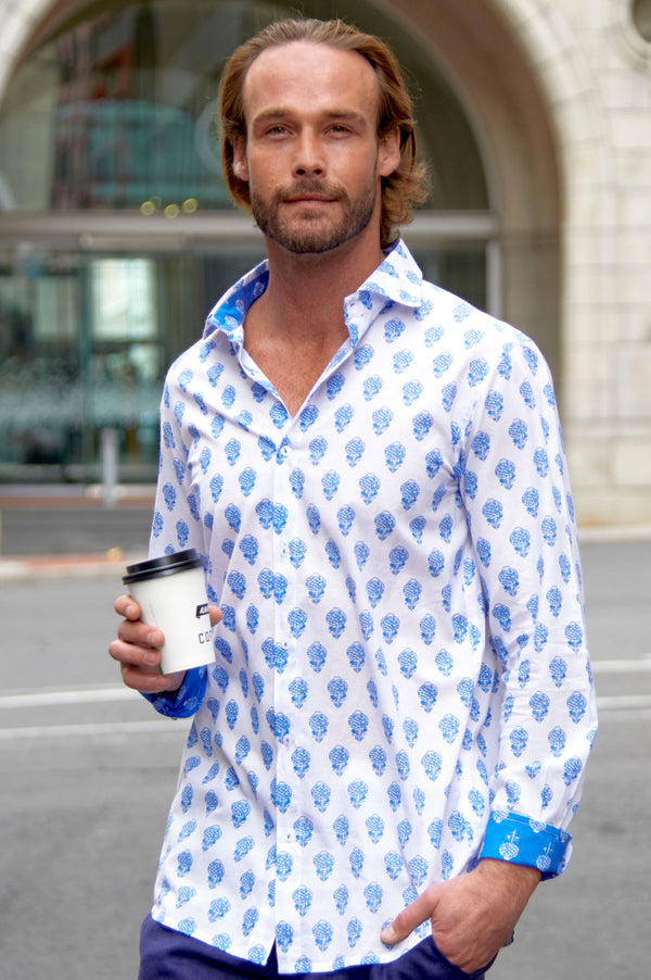 Men's Shirt-Pineapple-White-Blue