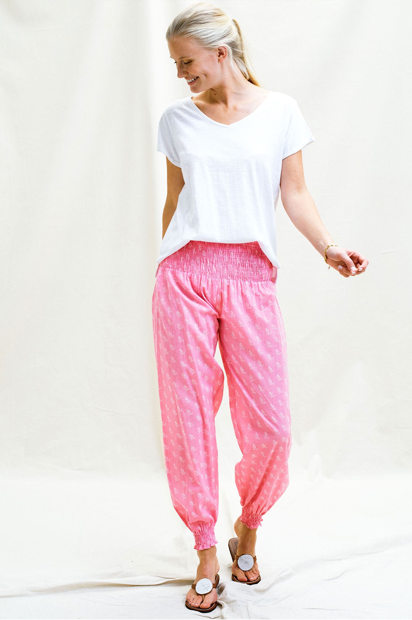 Harem Trousers | Willow Leaf Pink/ White - Aspiga